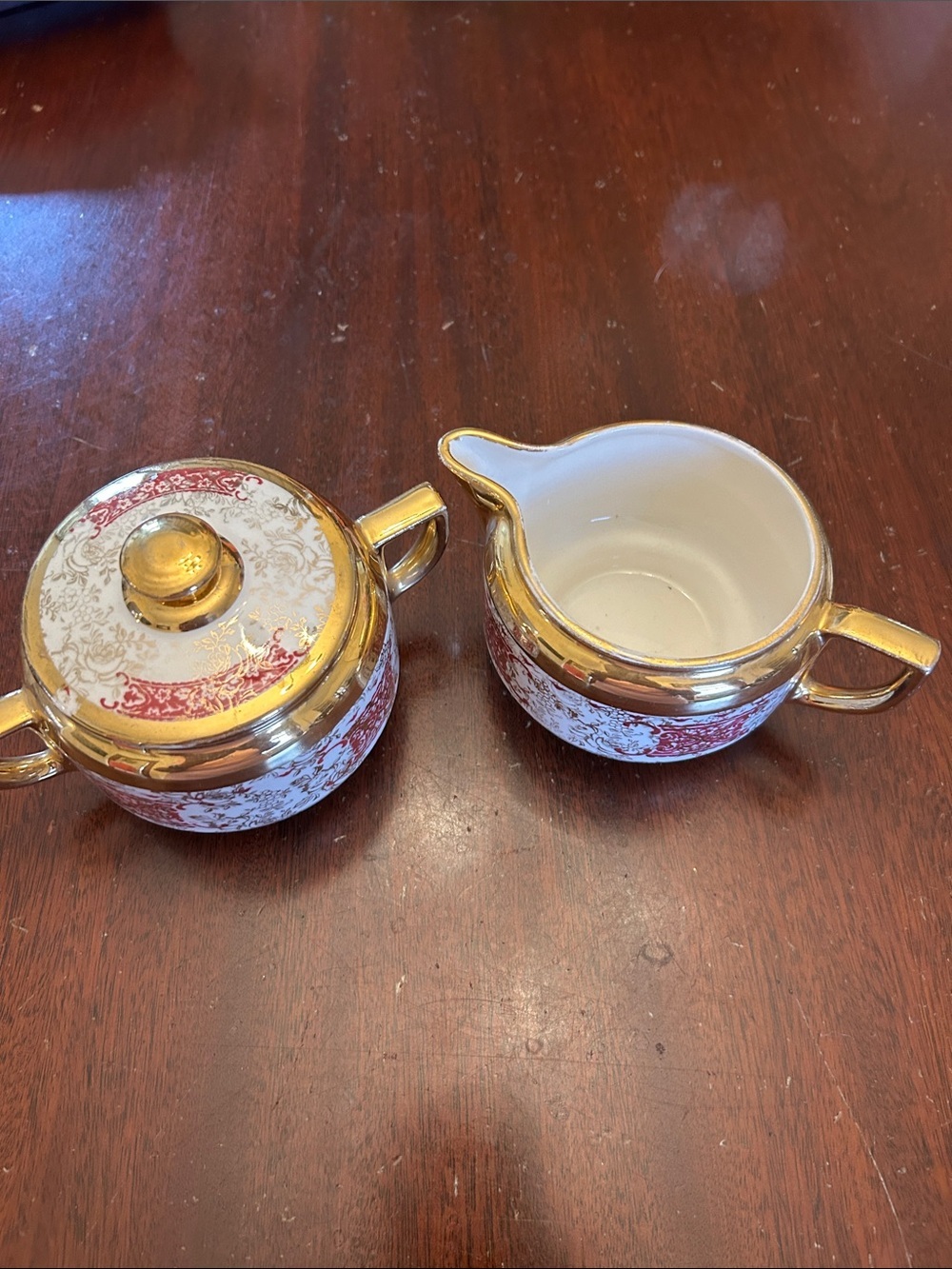 Piccadilly Vintage Gold-Trim Red and White Porcelain Sugar & Creamer Set